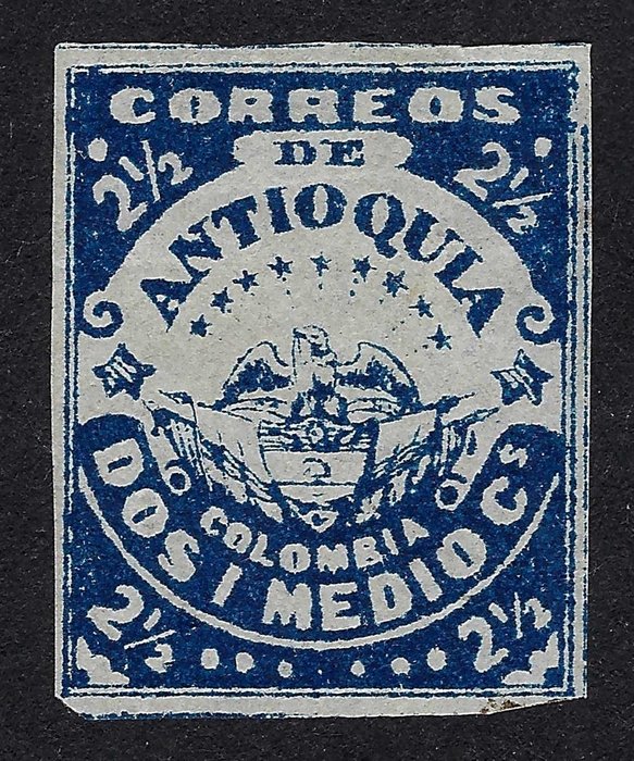 Colombia 1875/76 - Antioquia Coat of the Arms 2-1/2c Blå på pelure papir - Yvert N. 22a