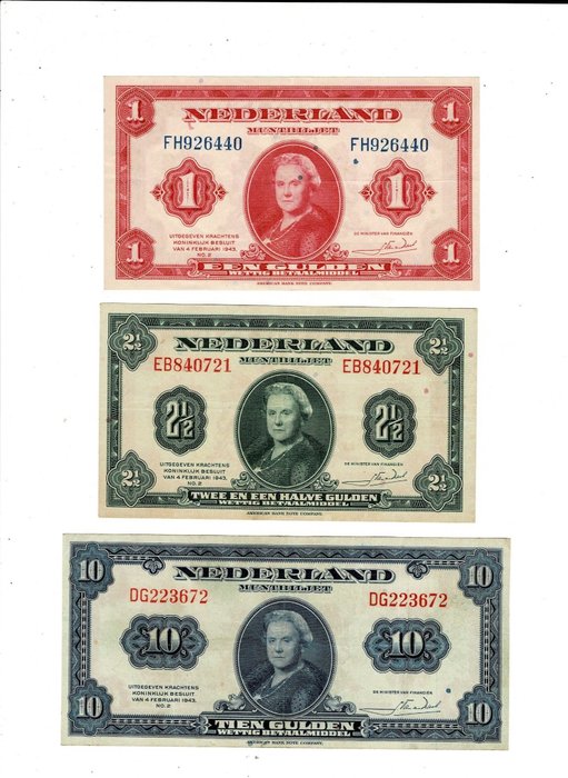 Holland. - 1, 2½, 10 Gulden 1943 - Pick 64, 65, 66  (Ingen mindstepris)