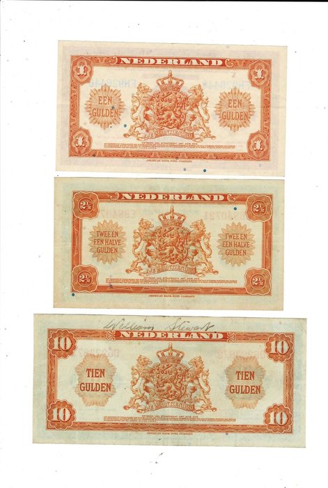 Holland. - 1, 2½, 10 Gulden 1943 - Pick 64, 65, 66  (Ingen mindstepris)