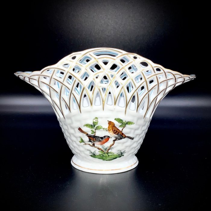 Herend, Hungary - Kunstværk Stor netkurv (18,5 cm) - "Rothschild Bird" mønster - Håndmalet porcelæn