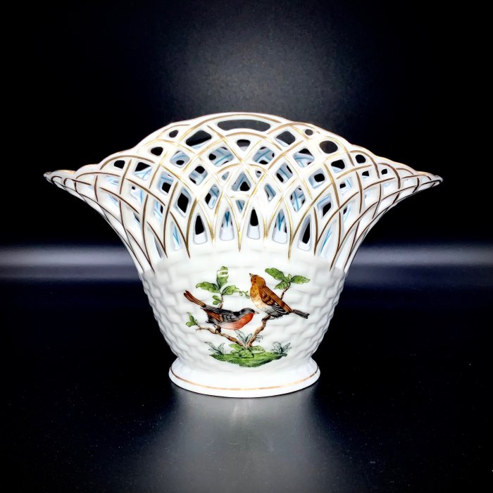 Herend, Hungary - Kunstværk Stor netkurv (18,5 cm) - "Rothschild Bird" mønster - Håndmalet porcelæn