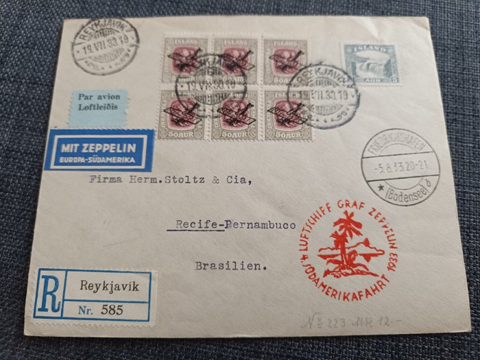 Island 1933 - Registreret brev via Zeppelin fra Reykjavik Island til Recife Brasilien 1933