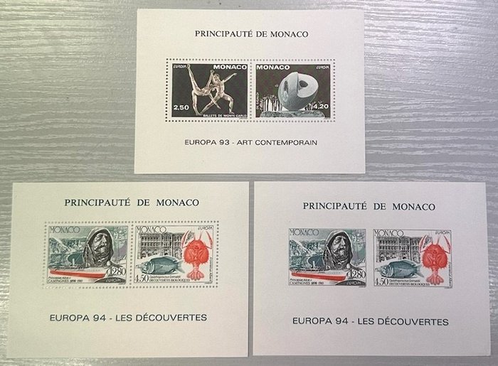 Monaco 1993/1994 - Særlige souvenirark "EUROPA 93" (perforeret) og "EUROPA 94" (perforeret OG ikke-perforeret!) mål - Yvert et Tellier blocs spéciaux n° 20 23 et 23a