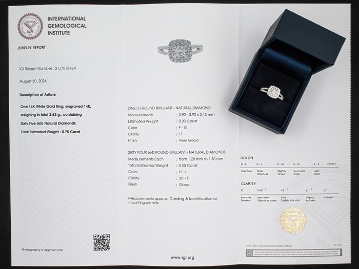 Ingen mindstepris - Ring - 14 karat Hvidguld, IGI certificeret - 0,75 ct diamanter - 0,20 ct center Diamant (Natur)