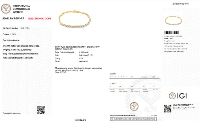 Ingen mindstepris - Tennisarmbånd - 14 karat Gulguld -  4.54ct. tw. Diamant (Laboratoriedyrket) - D-E VVS IGI CERTIFICERT