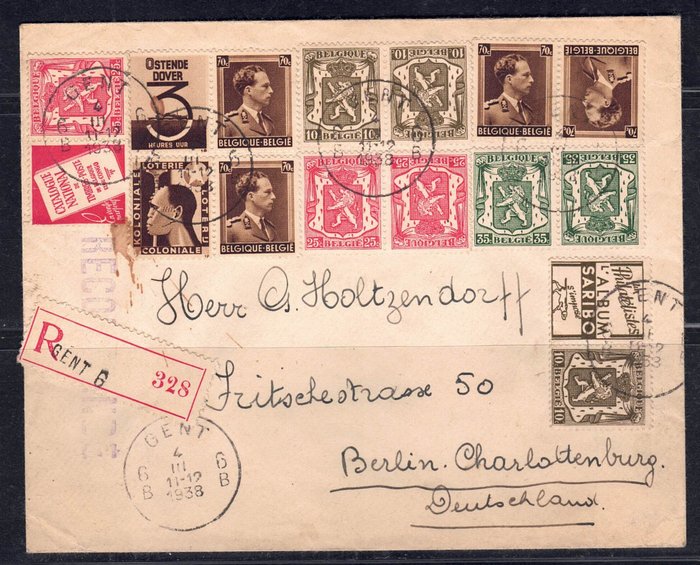 Belgien 1938 - Rekommanderet brev (4-III-1938) fra Gent til Berlin -Charlottenburg (Tyskland) med PUBS og