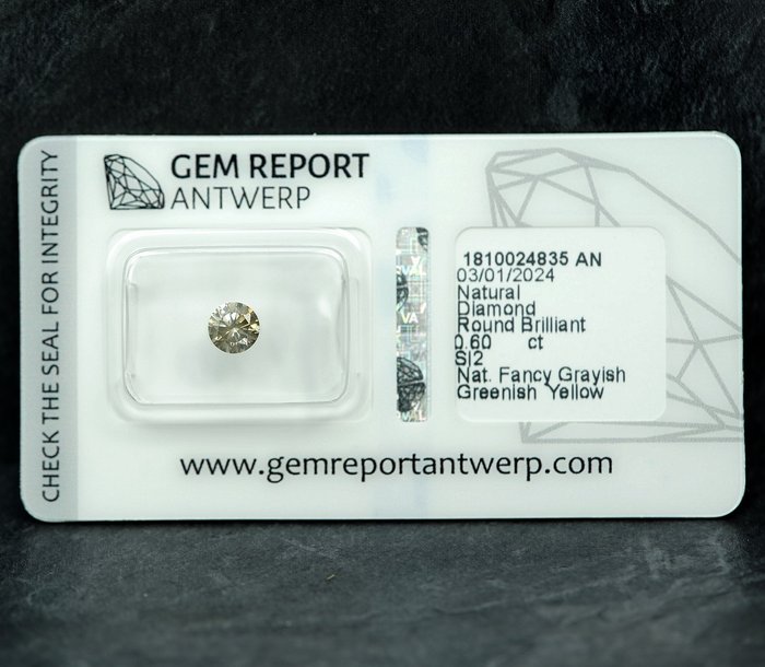 1 pcs Diamant  (Naturfarvet)  - 060 ct - Rund - Fancy Grålig Grønlig Gul - SI2 - Gem Report Antwerp (GRA)