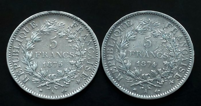 Frankrig. 2 Moedas - 5 Francs 1874 e 1875  (Ingen mindstepris)