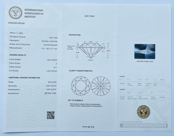 1 pcs Diamant  (Natur)  - 2.00 ct - Rund - H - VS1 - International Gemological Institute (IGI)