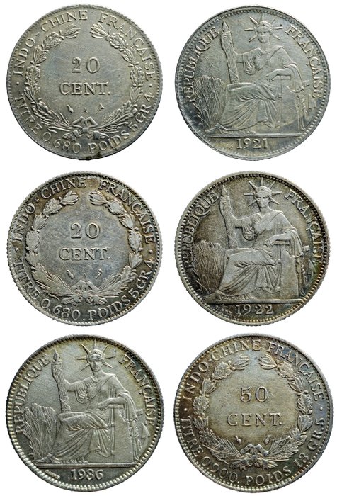 Fransk Indokina. Lot consisting of 20 cents 1921 A  1922 A KM 17.1 and 50 cents 1936 KM 4a.2  (Ingen mindstepris)