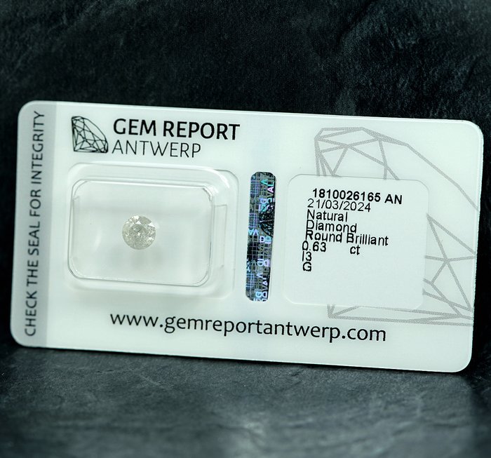 Ingen mindstepris - 1 pcs Diamant  (Natur)  - 0.63 ct - G - I3 - Gem Report Antwerp (GRA)