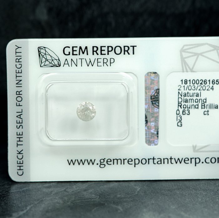 Ingen mindstepris - 1 pcs Diamant  (Natur)  - 0.63 ct - G - I3 - Gem Report Antwerp (GRA)