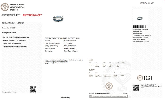 Ingen mindstepris - Ring - 14 karat Hvidguld -  7.11ct. tw. Safir - IGI