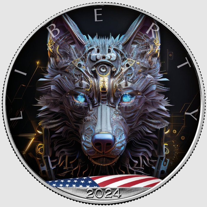 Förenta staterna. 1 Dollar 2024 Silver Eagle - KI Cyber Wolf Farbe, 1 Oz (.999)  (Ingen mindstepris)