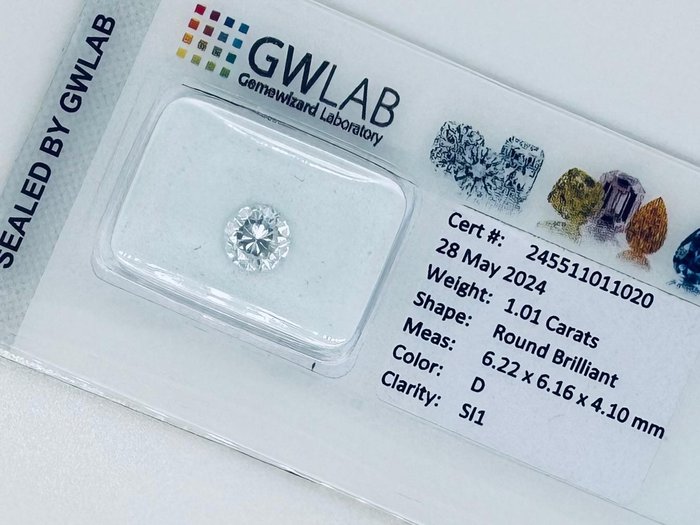 Ingen mindstepris - 1 pcs Diamant  (Natur)  - 1.01 ct - Rund - D (farveløs) - SI1 - Gemewizard Gemological Laboratory (GWLab)