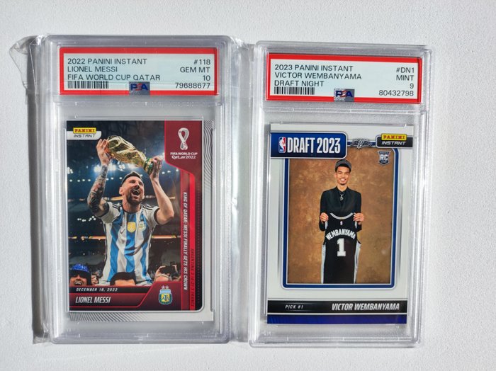 2022  2023 Panini Lionel Messi #118 Instant World Cup  Wembanyama #DN1 Draft Night PSA 10 - 2 Graded card