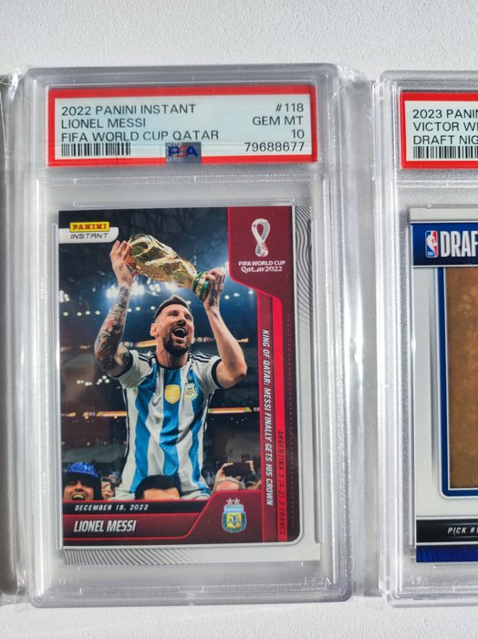 2022  2023 Panini Lionel Messi #118 Instant World Cup  Wembanyama #DN1 Draft Night PSA 10 - 2 Graded card