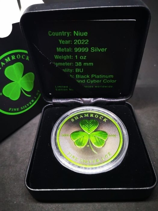 Niue. 2 Dollars 2022 Shamrock Platinum Cyber Green, 1 Oz (.999)  (Ingen mindstepris)