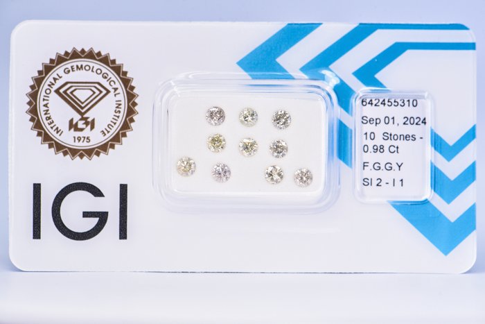 Ingen mindstepris - 10 pcs Diamant  (Naturfarvet)  - 098 ct - Rund - Fancy Grå Grønlig Gul - I1 SI2 - International Gemological Institute (IGI)