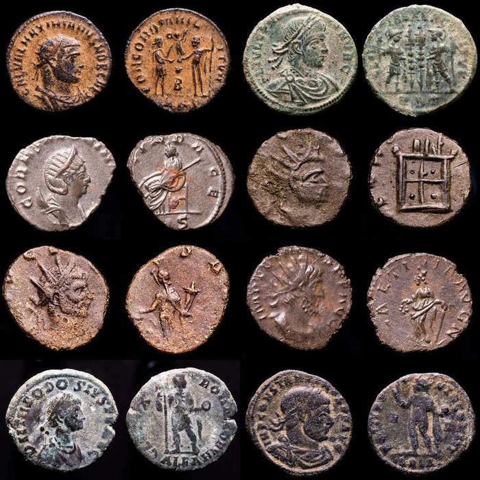 Romarriket Lot comprising eight (8) AE coins: Antoninianus Follis Maiorinas Maximilianus I Salonina Tetricus I Claudius II Divo Claudio Constantine I Constantine II and  (Ingen mindstepris)