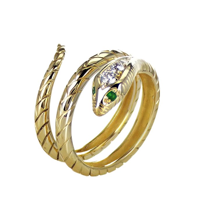 Ring - 14 karat Gulguld -  0.19ct. tw. Smaragd - Diamant