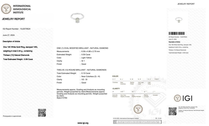 Ring - 14 karat Hvidguld -  0.69ct. tw. Diamant (Naturfarvet) - Diamant