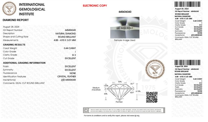 2 pcs Diamant  (Natur)  - 0.88 ct - Rund - I - SI2 - International Gemological Institute (IGI) - Premium diamanter X 2 stk