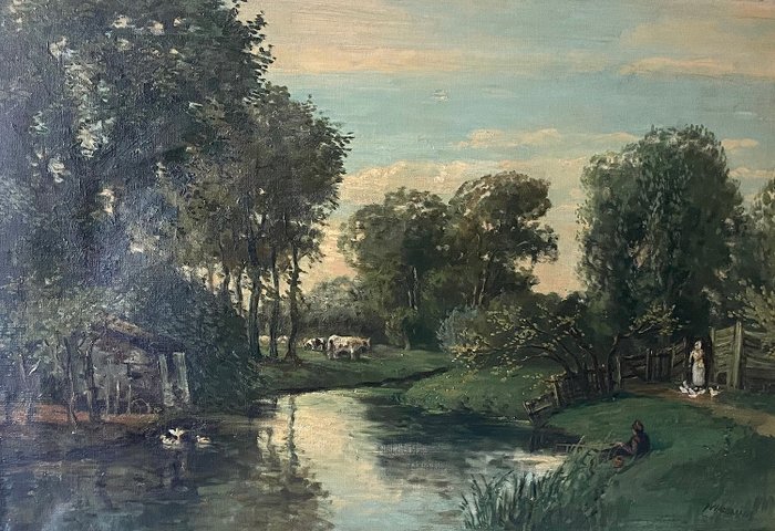 P. Wagemans (1879-1955) - Rustiek landschap met vee en figuren