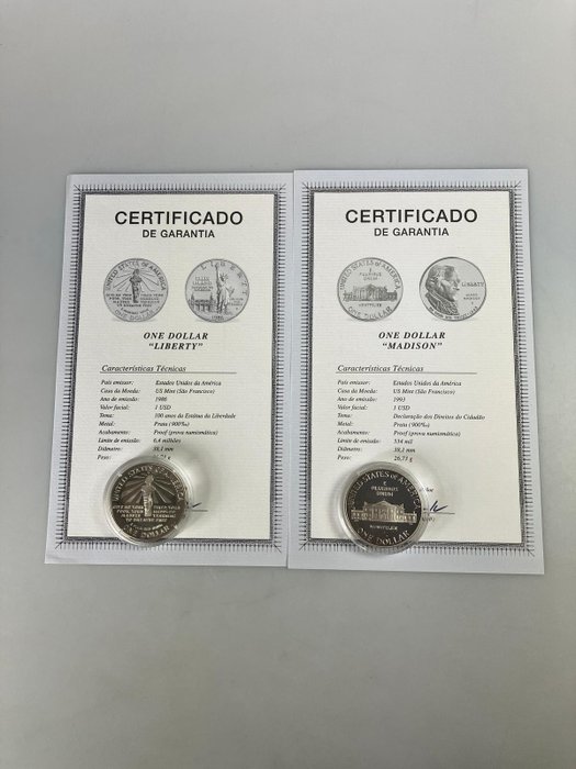 Förenta staterna 1 Dollar 1986/1993 Liberty + Madison 2 moedas Proof  (Ingen mindstepris)