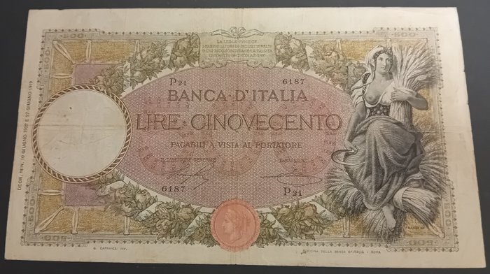 Italien. - 500 Lire 10/06/1922 "Mietitrice" (Decreto) - Gigante BI 28E