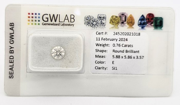 1 pcs Diamant  (Natur)  - 0.76 ct - Rund - E - SI1 - Gemewizard Gemological Laboratory (GWLab)