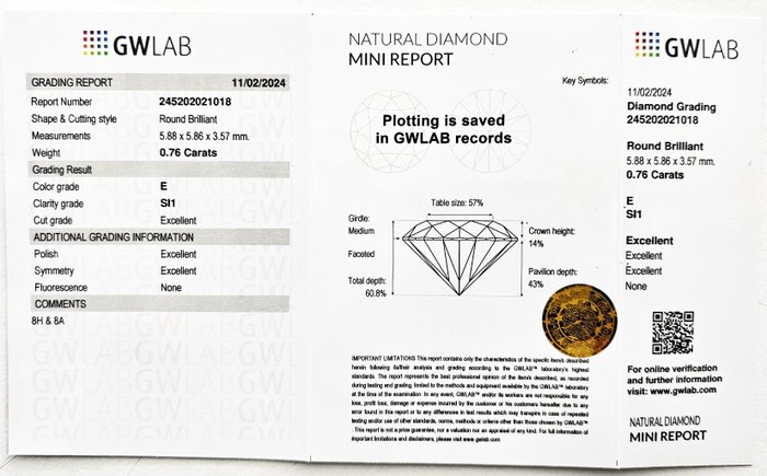 1 pcs Diamant  (Natur)  - 0.76 ct - Rund - E - SI1 - Gemewizard Gemological Laboratory (GWLab)