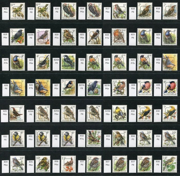 Belgien 1967/1996 - Komplet serie af Preo's 'Birds of Buzin' (inklusive alle papirtyper) - OBP/COB PRE SERIE 66 (49 waarden)