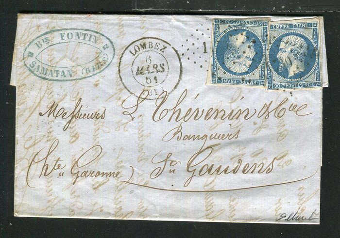 Frankrig 1861 - Superbe lettre en double port de Lombez pour Saint Gaudens avec une paire de n° 14B