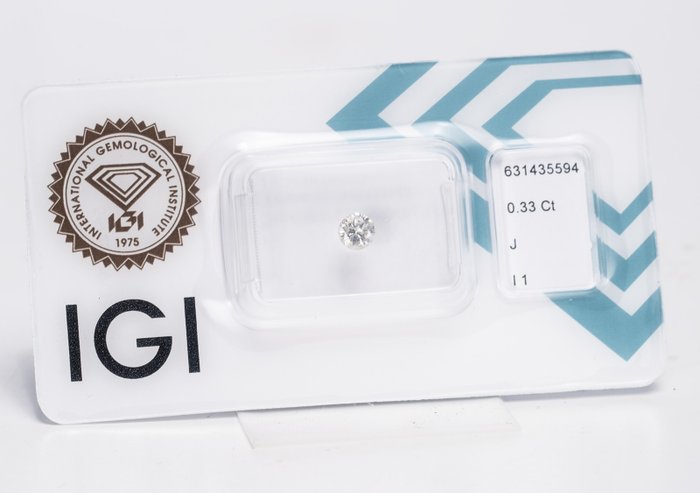 Ingen mindstepris - 1 pcs Diamant  (Natur)  - 0.33 ct - Rund - J - I1 - International Gemological Institute (IGI)