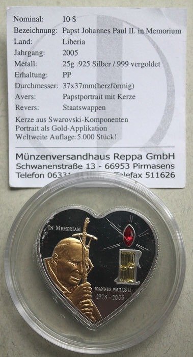 Liberia. 10 Dollars 2005 'Herzform - Papst Johannes Paul II' Proof  (Ingen mindstepris)