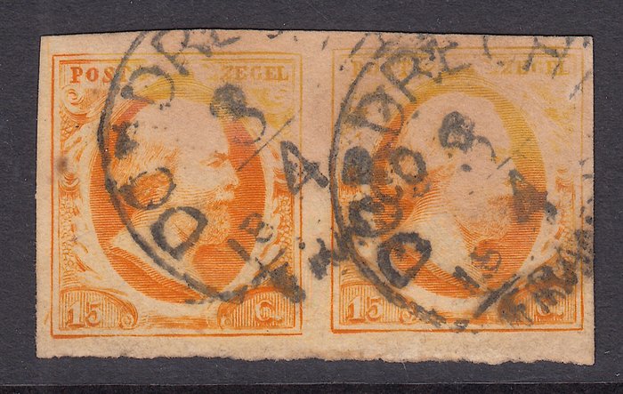 Holland 1852 - Kong Vilhelm III parret med et meget sjældent halvcirkelformet stempel Dordrecht-C Type I (H/S RR) - NVPH 3