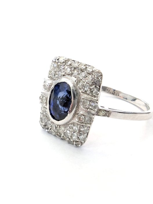 Ring - 18 kraat Hvidguld Safir - Diamant