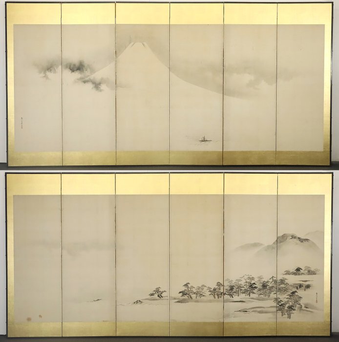 Byōbu foldeskærm - Mount Fuji Landscape 富士山図屏風 Signeret 'Yōsen Hōgen 養川法眼' - Japan - Sene Edo-periode - Ink Wash Maleri