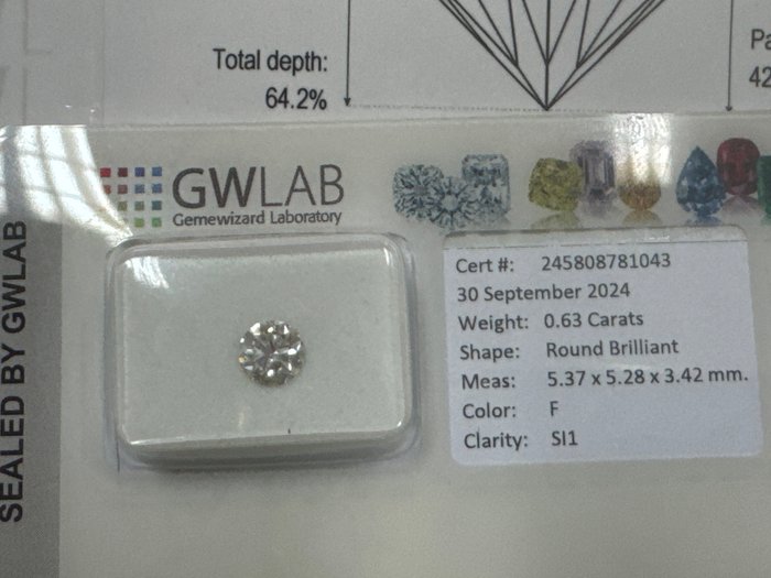 Ingen mindstepris - 1 pcs Diamant  (Natur)  - 0.63 ct - Rund - F - SI1 - Gemewizard Gemological Laboratory (GWLab)