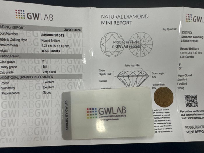 Ingen mindstepris - 1 pcs Diamant  (Natur)  - 0.63 ct - Rund - F - SI1 - Gemewizard Gemological Laboratory (GWLab)