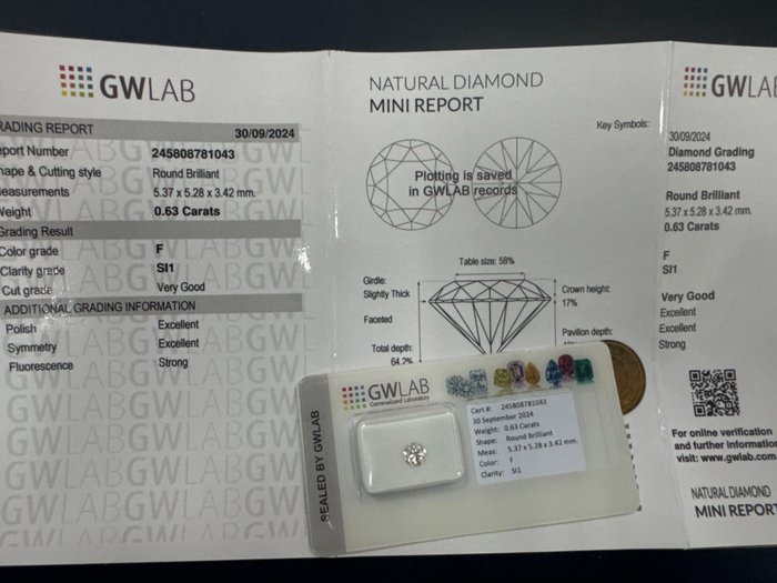 Ingen mindstepris - 1 pcs Diamant  (Natur)  - 0.63 ct - Rund - F - SI1 - Gemewizard Gemological Laboratory (GWLab)