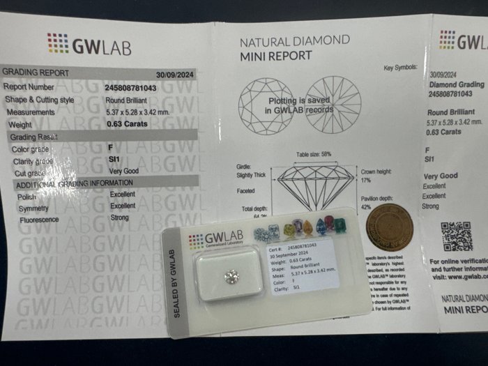 Ingen mindstepris - 1 pcs Diamant  (Natur)  - 0.63 ct - Rund - F - SI1 - Gemewizard Gemological Laboratory (GWLab)