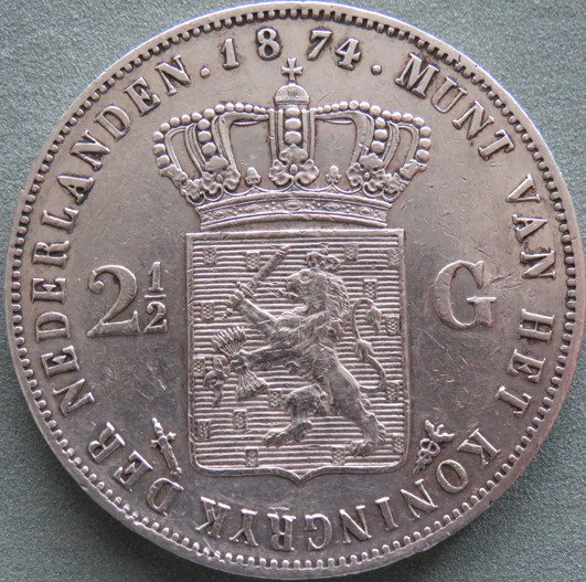 Holland. Willem III. 2 1/2 Gulden 1874  (Ingen mindstepris)