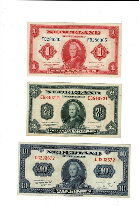 Holland. - 1, 2½, 10 Gulden 1943 - Pick 64, 65, 66  (Ingen mindstepris)