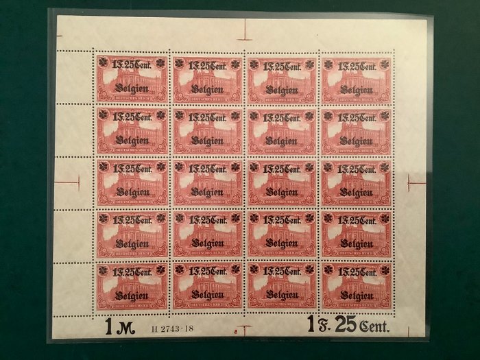 Tyske Rige - Besættelse af Belgien (1914-1918) (Etappengebiet) 1917 - Lille ark med omvendt plade nummer 5 og HAN - Michel 23 I B b