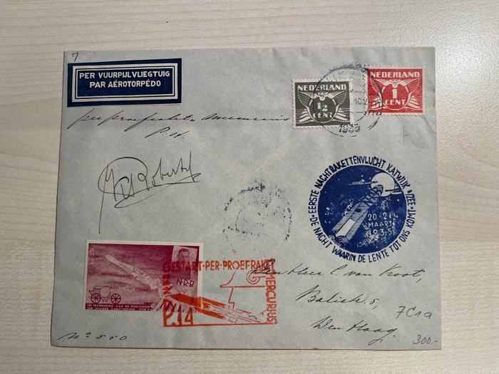 Holland 1935 - Raketpost 21. marts 1935 Karl Roberti (signeret) Natflyvning P.14 - Pionierraketenpost und kosmische Post (Hopferwieser) - CR-06