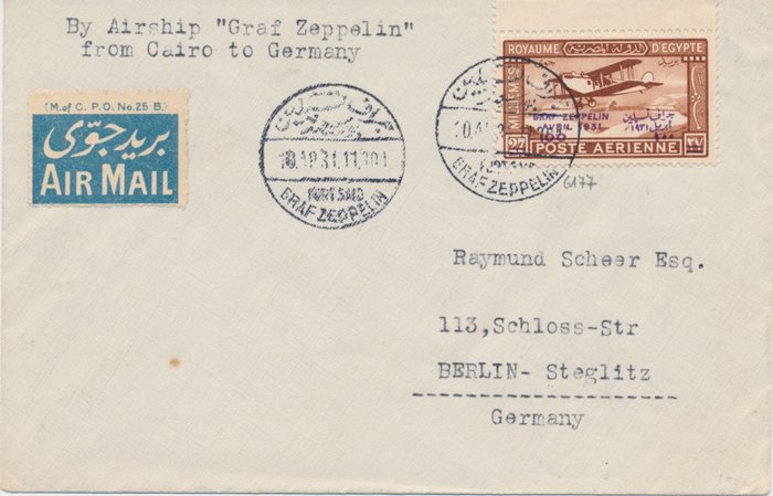 Egypten 1931 - Brev fra hjemrejsen for den egyptiske flyvning af luftskibet LZ 127 med fotocertifikat af vinderen - Sieger Nr 105 Cy