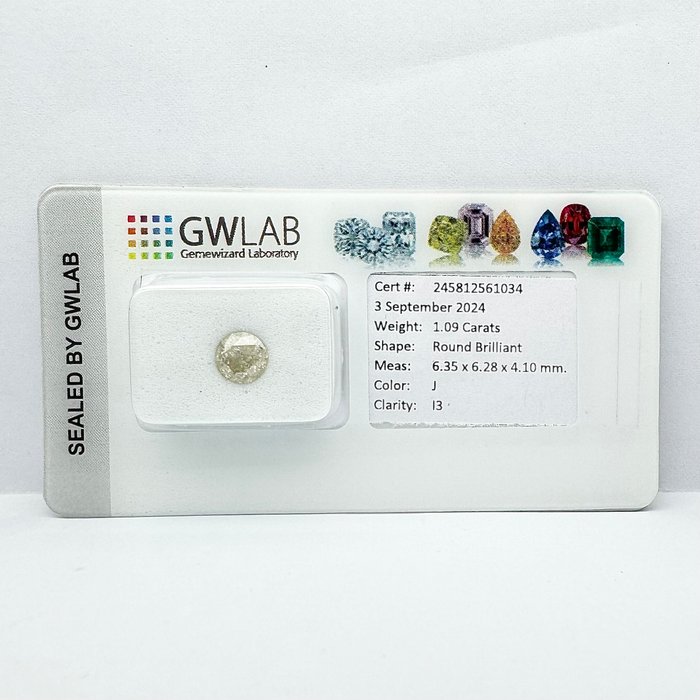 Ingen mindstepris - 1 pcs Diamant  (Natur)  - 1.09 ct - Rund - J - I3 - Gemewizard Gemological Laboratory (GWLab)