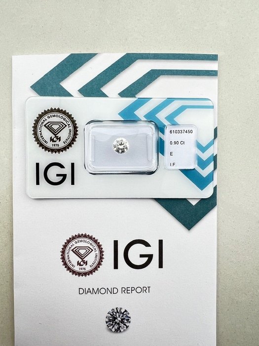 1 pcs Diamant  (Natur)  - 0.90 ct - Rund - E - IF - International Gemological Institute (IGI)